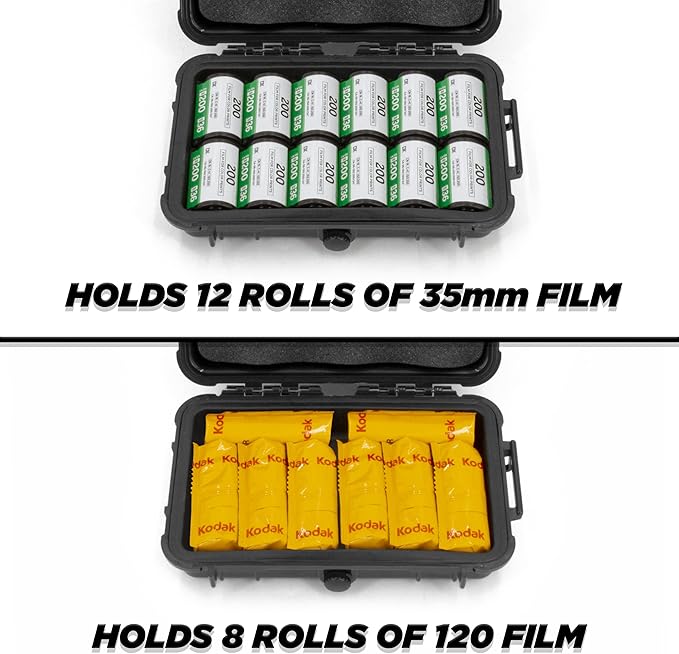 CASEMATIX Hard Shell 35mm Film Case - 7" Waterproof & Lightproof Holder for up to 12 x 35mm or 8 x 120 Film Rolls, Travel Container