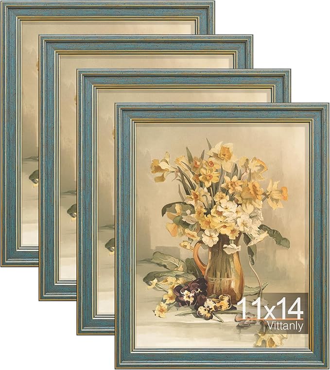 Vittanly 11x14 Picture Frame Set of 4, Vintage Photo Frame for Wall Mount, Display 8x10 Pictures with Mat or 11x14 without Mat, Rustic Farmhouse Home Decor, Blue