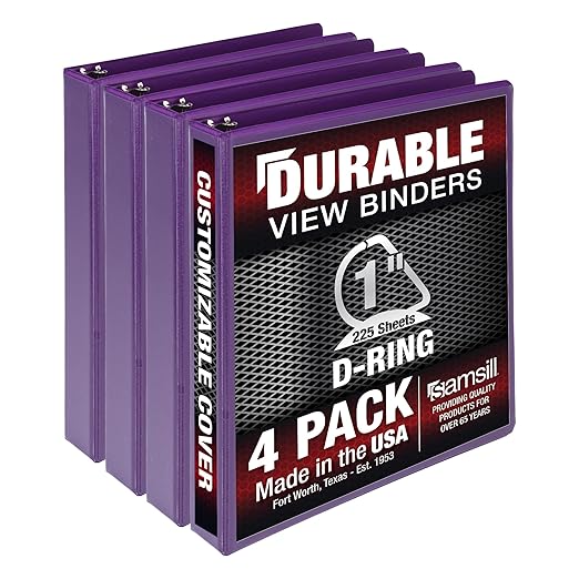 Samsill Durable 1 inch 3 Ring Binder, Made in USA, D Ring Binder, FSC 100% Recycled Chipboard, Purple, 4 Pack
