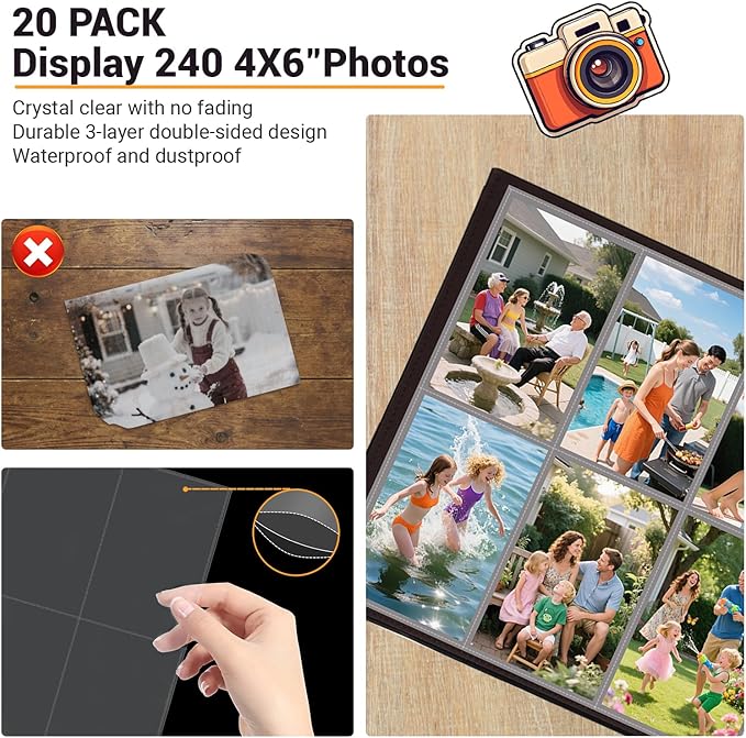4x6 Photo Album Refill Pages for 3 Ring Binder, 20 Pack Vertical Clear Plastic Photo Sleeves, Holds 240 Photos, Acid-Free Page Protectors, Large Capacity Family Wedding Anniversary Baby Picture Albums