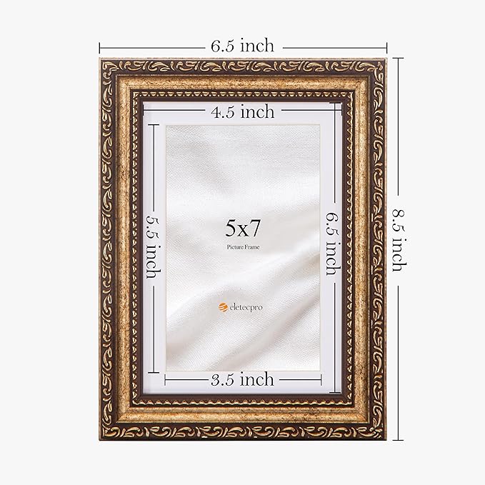 eletecpro 5x7 Picture Frames Set of 4, Gold Frames with Glass Cover, Vintage Photo Frame 5 by 7 Displays 4x6 Photo with Mat or 5x7 without Mat for Tabletop or Wall Decor, Bronze Gold