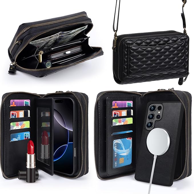 Harryshell Compatible with Samsung Galaxy S25 Ultra Case Wallet Multi Zipper Detachable Removable Cover Purse with Card Slots Holder Mirror Crossbody Strap (Compatible with Magsafe - Black)