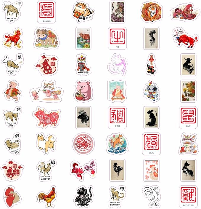 BulbaCraft 100Pcs Chinese New Year Stickers - Chinese Zodiac Stickers, Lunar New Year Decals, Gifts for Women & Men