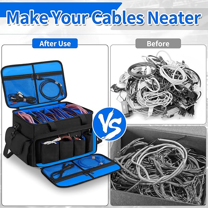 Cable File Bag With Adjustable Dividers Dj Gig Bag for Cables, Cords,DJ Gear,Sound Instrument and Accessories 16L x 11W x 12H inch, Blue