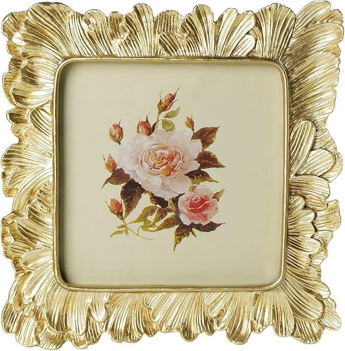 Cuspin 5x5 Picture Frame Gold Frames, Vintage Ornate Frame Palm Leaves Textured Hand-Crafted Resin with Glass Front, Elegant Retro Photo Frame for Wall Hanging and Tabletop Display Home Decor