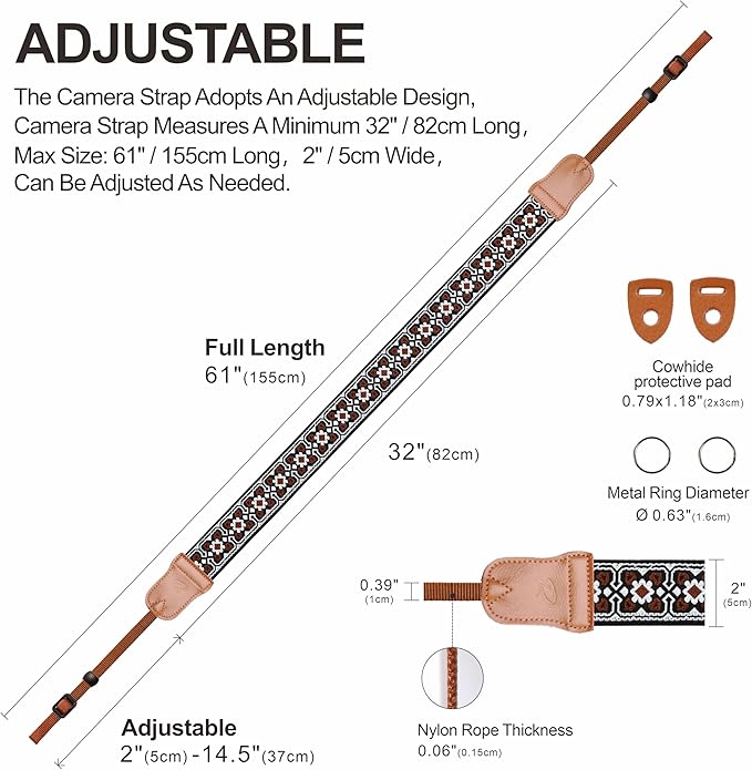 Padwa Lifestyle Brown Flower Camera Strap - 2" Cowhide Leather Head Cotton Camera Straps for Photographers,Vintage Jacquard Embroidery Adjustable Neck & Shoulder Strap for ALL DSLR/SLR Cameras