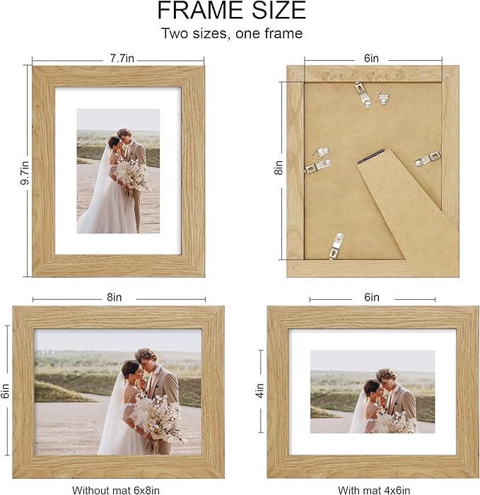 6x8 Picture Frame Set of 4, Made of Real Glass and Natural Oak Frame - Display Picture 4x6 with Mat or 6x8 Without Mat, 6 by 8 Photo for Wall or Tabletop