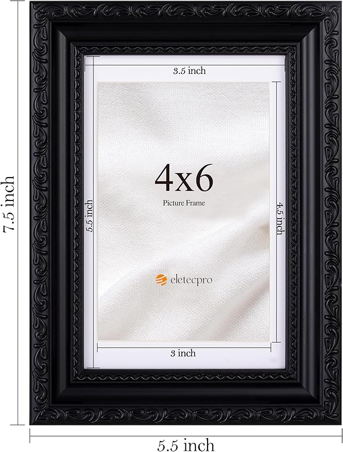 eletecpro 4x6 Picture Frames Set of 4, Gothic Frame with Glass Cover, Ornate Vintage Black Photo Frames 4 by 6 Display 3.5x5 Photo with Mat or 4x6 without Mat for Tabletop or Wall Decor, Black