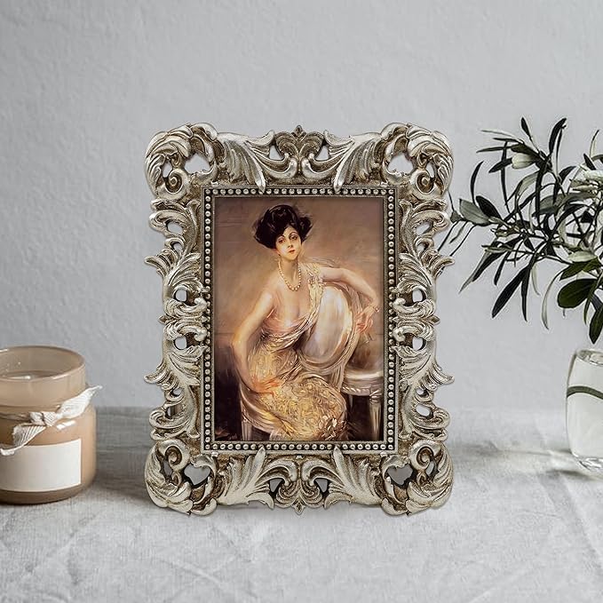 Silver Frames 5x7 Ornate Vintage Baroque Antique Picture Frame for Tabletop or Wall Display Wedding Photo with Glass Front