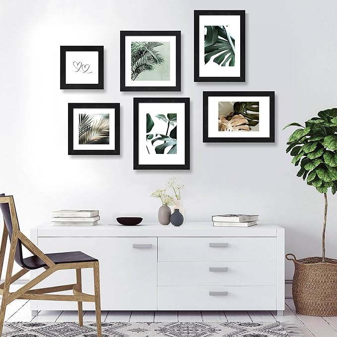 6x6 Picture Frame Set of 4, Made of Real Glass and Black Wooden Frame - Display Picture 4x4 with Mat or 6 x 6 Without Mat, 6x6 Photo for Wall or Tabletop