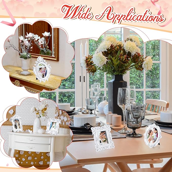 Maitys 15 Pcs Mini Picture Vintage Frames with Stands Tiny Antique Photo Baroque Ornate Resin Oval Frame Table Top Display Home Wedding Decor (White)