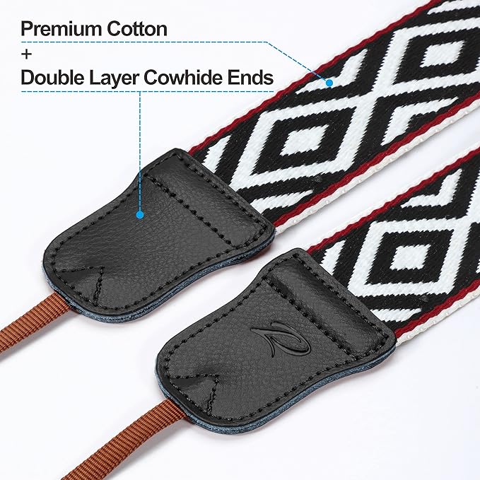 Padwa Lifestyle Camera Strap - 2" Cowhide Head Camera Straps for Photographers,Vintage Jacquard Embroidery Woven Cotton Adjustable Shoulder Neck Straps for All DSLR Cameras(Black White Rhombus)