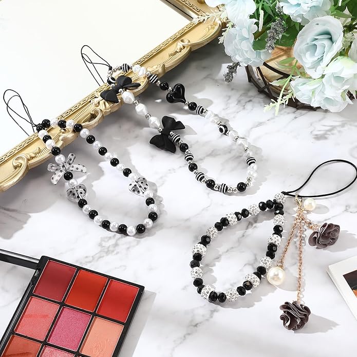 Ecally 3 Pcs Phone Charms Strap Camera Charm Strap Pearl Beaded Butterfly Bow Flower Cute Phone Wrist Lanyard Bracelet for Camera Keychain Wallet Decor Easter Gifts