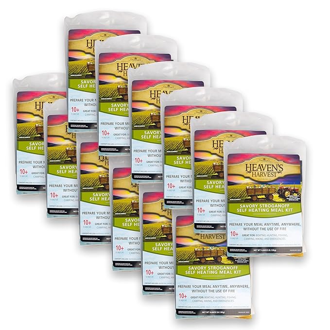 Heaven's Harvest Self Heating Meal Kit - Just add water to activate the heating element and the cooking process begins! Emergency Survival Food with a 10-Year Shelf Life (12-pack, Savory Stroganoff)