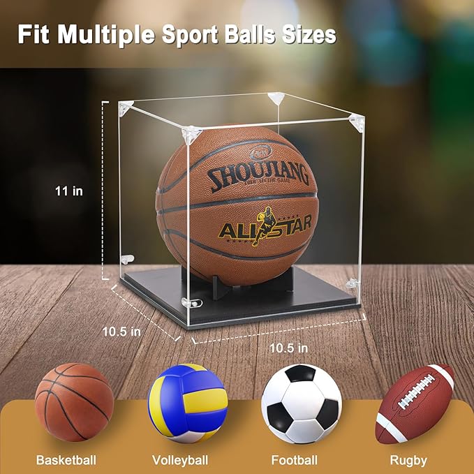 Basketball Display Case, Thickened UV Protection Clear Acrylic Lid Basketball Holder, Wooden Basketball Base Stand for Autographed Ball and Memorial Gift