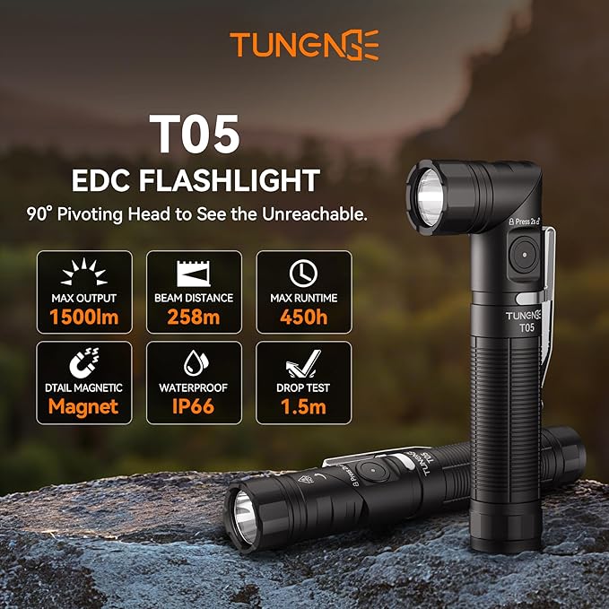 TO5 EDC Tactical Flashlight Rechargeable, 1500 High Lumen 90 Degree Work Light with Magnet, 6 Mode Super Bright Small LED FLA shlight for Work Maintenance, Outdoor, and Emergency Situations