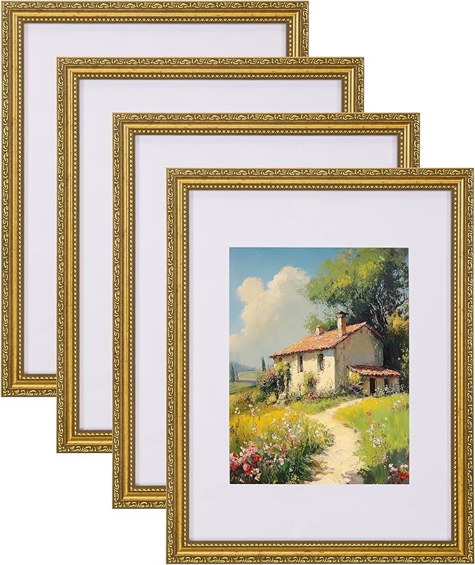 eletecpro 12x16 Picture Frames Set of 4, Vintage Frame with Glass Cover, Ornate Gold Photo Frames 12 by 16 Display 8.5x11 Photo with Mat or 12x16 without Mat for Home Wall Decor, Gold