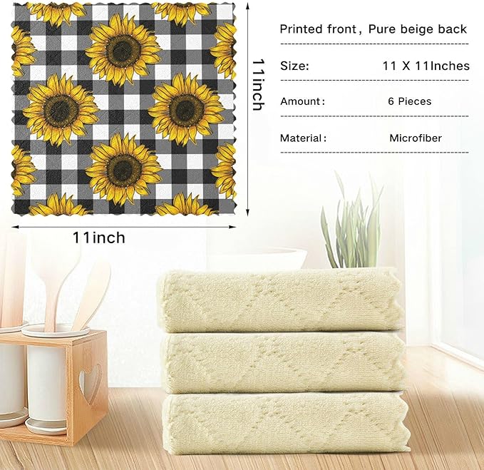 CaTaKu Black and White Plaid Sunflower Kitchen Dish Cloths for Washing Dishes Reusable Cleaning Cloth Dish Towels Microfiber Washcloths Dish Rags for Kitchen, 6 Pack