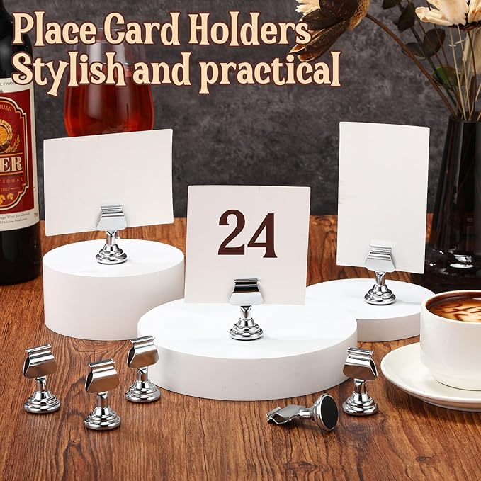 Kathfly 48 Pcs Metal Table Number Holders 1.7 Inch Silver Mini Place Card Holders Bulk Harp-clip Table Sign Stands Card Holder Display Picture Memo Notes Menu for Weddings Restaurants Birthday Decor