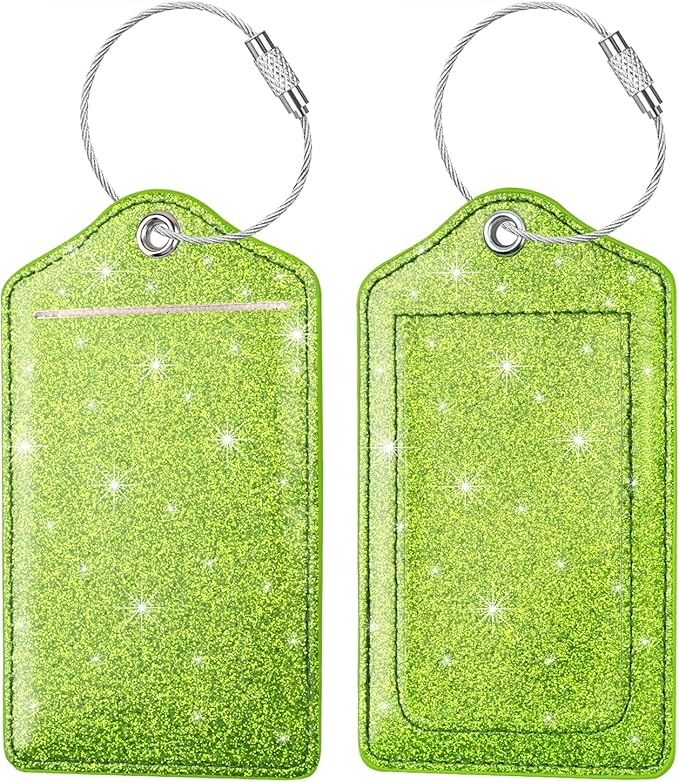 (Set of 2) Luggage Tag Leather Privacy Cover ID Label Address Card with Stainless Steel Loop, Travel Bag Tags Suitcase Labels, Glitter Chartreuse
