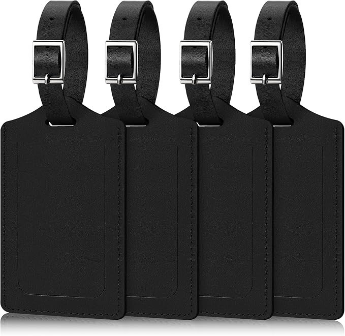 Mayski 4 Pack Genuine Leather Luggage Tags for Suitcases TSA Approved Durable Baggage Tags, Travel Essentials for Flying, Black