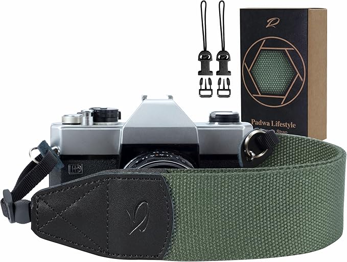 Padwa Lifestyle Dark Green Camera Strap - 2" Wide Cotton Woven Genuine Leather Head Camera Straps,Complimentary 2 Pcs Quick Release Clips for All DSLR/SLR Cameras, Binoculars and Drone Remote Control