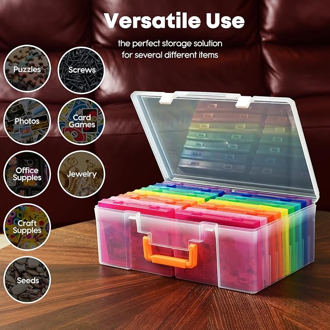 ALINK Photo Storage Box 5" x 7" with Handle, 18 pcs Inner Photo Containers Organizer and Craft Keeper, Portable Picture Case with Label for Seed, Arts, Crafts, Sewing, Stickers, Office - Colorful