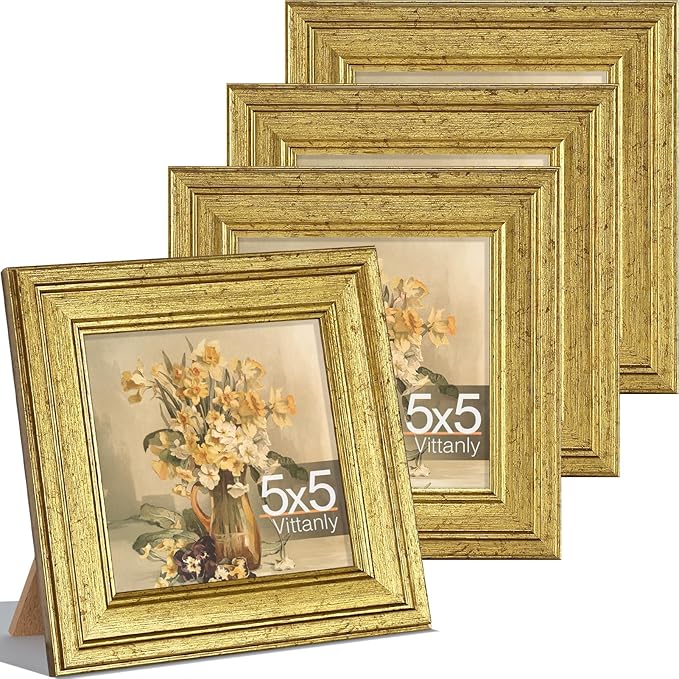 Vittanly 5x5 Picture Frame Set of 4, Vintage Photo Frame for Wall or Tabletop, Display 5x5 Pictures, Rustic Farmhouse Home Decor, Gold