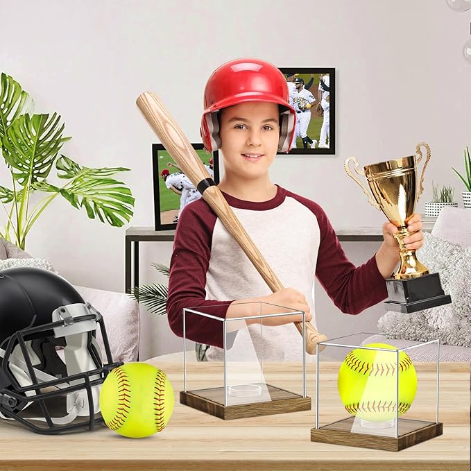 Clear Acrylic Softball Display Case with Wood Base, Memorabilia Stand Cube Holder, Dust Protection Transparent Storage Box for Single Ball Souvenir Softball Collections