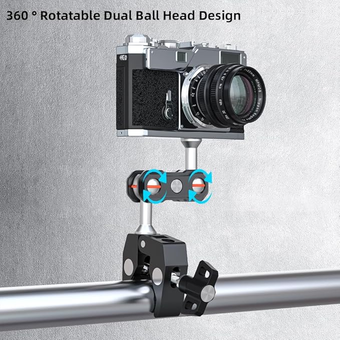 Super Camera Clamp Mount, Aluminum Alloy Double Ball Head Magic Arm Adapter, Fence/Desk/Tripod Mount for Most Phone, for Insta360 X5/X4, for Gopro 13/12/11, DJI Action 5Pro/4/3 and More Action Cameras