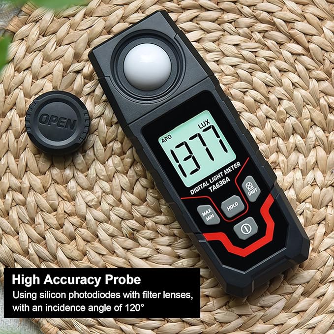 TA636A Digital Illuminance Meter Handheld Probe Luxmeter Lighting Intensity Brightness Light Tester 200000LX 20000FC 50 Sets 1‑60s Recording