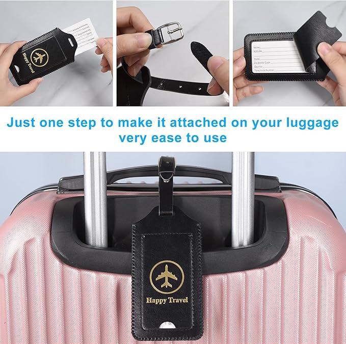 ACdream Luggage Tags 2 Pack, Leather Suitcase Tags Identifiers, Cute Cruise ID Labels with Privacy Cover fits on Backpack, Travel Bag, for Women, Men, Adults, Kids, Black