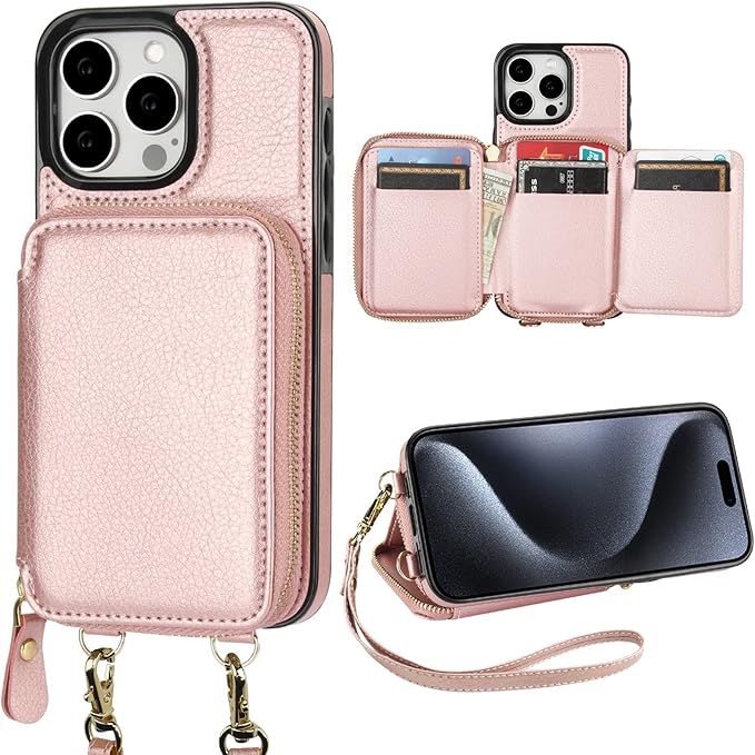 Bocasal RFID Blocking Wallet Case for iPhone 15 Pro Max, Adjustable Crossbody Zipper Purse Case Card Holder with Kickstand Detachable Wrist Strap, PU Leather Flip Folio Case 6.7 Inch 5G (Rose Gold)