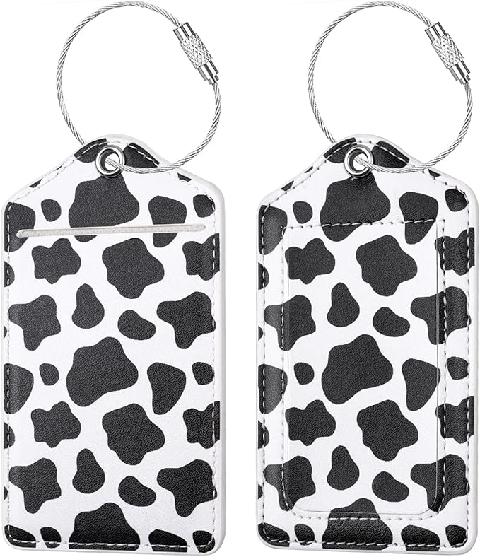 (Set of 2) Luggage Tag Leather Privacy Cover ID Label Address Card with Stainless Steel Loop, Travel Bag Tags Suitcase Labels,Cow
