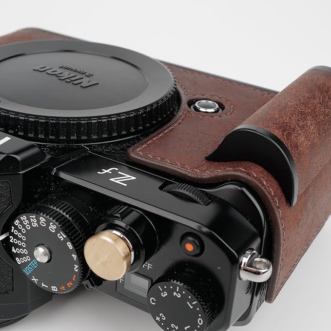 Handmade Genuine Leather Camera Half Case for Nikon ZF/Nikon ZF Camera Case - Top Layer Cowhide Body + Hand Sewn Saddle Stitch + Metal Base Plate (Dark Brown)