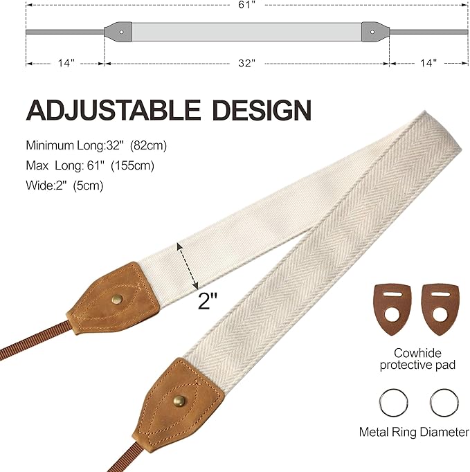Padwa Lifestyle 2" Wide Classic Crazy Horse Art Cowhide Head Camera Strap - Beige White Twill Cashmere Vintage Camera Straps for Photographers, Adjustable Shoulder & Neck Strap Fits All DSLR Cameras