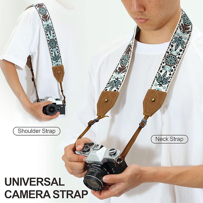 Padwa Lifestyle Camera Strap - 2" Wide Classic Vintage Crazy Horse Arts Cowhide Head Cotton Embroidered Universal Neck Shoulder & Crossbody Camera Straps for Photographers Gift and All DSLR Cameras