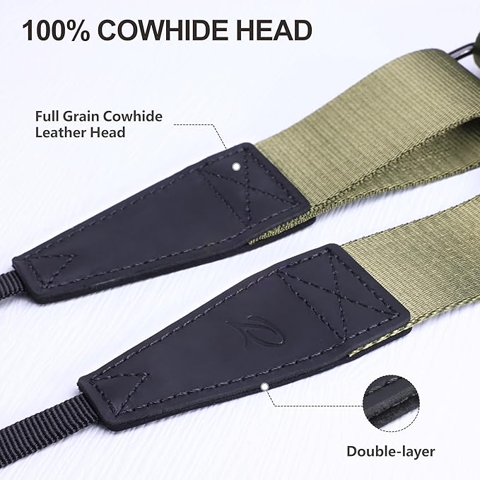 Padwa Lifestyle Adjustable Camera Strap - 1.5" Full Grain Leather Ends Camera Straps for Photographers, Adjustable Neck Shoulder & Crossbody Nylon Strap Quick Release for Cameras and Binoculars