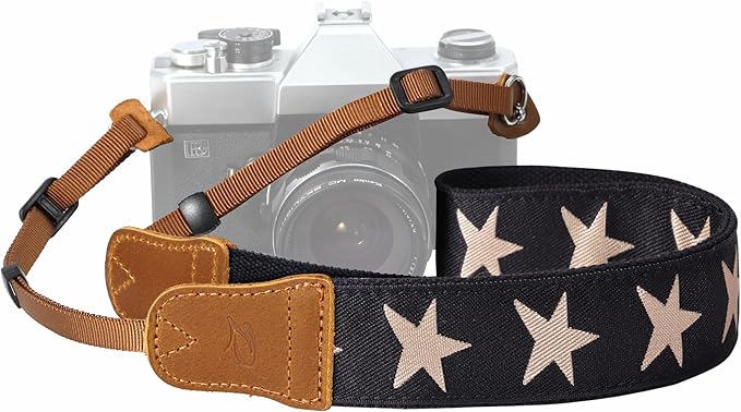 Padwa Lifestyle Pentagram Camera Strap - 1.5" Embroidered Star Cotton Crazy Horse Cowhide Head Camera Straps for Photographers and All Cameras,Cute Adjustable Vintage Woven Strap