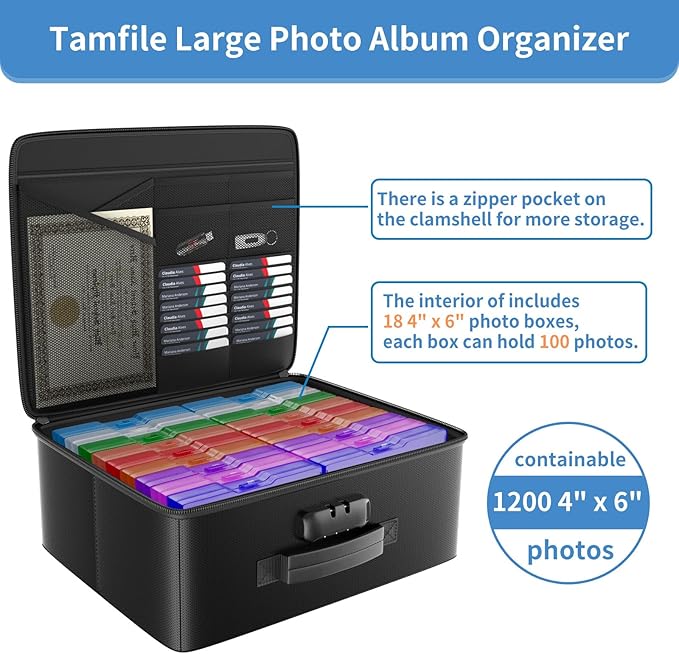 Tamfile Fireproof Photo Storage Box with 18 Inner 4" x 6" Multicolor Photo Case, Plastic Photo Organiser with Lock for Pictures, Cards, Crafts, Stamps and Office Supplies with 4 Sheet Label Stickers