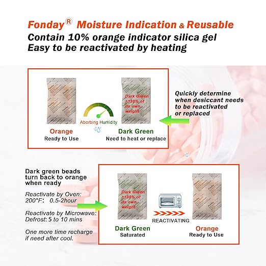 10g x 10 packs Fonday Rechargeable Silica Gel Desiccant Packets Fast Reactivate Desiccant Bags Moisture Indicating Orange to Green