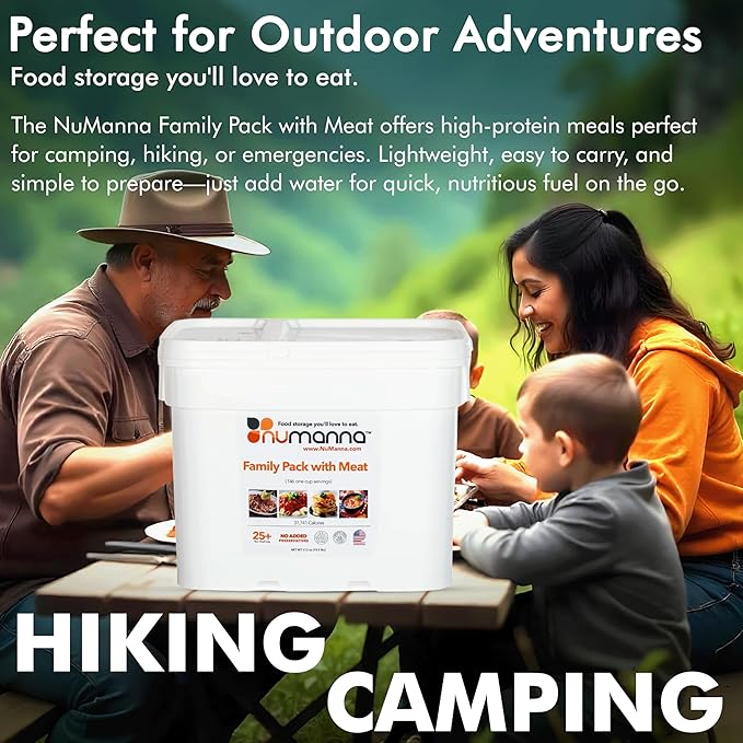 Numanna Family Pack with Meat Bucket 146 Servings | 1-Month Emergency Protein-Rich Meals | Easy to Prepare for Everyday Use, Prepping & Camping | 25+ Year Shelf Life | Made in USA | Food-Grade Bucket