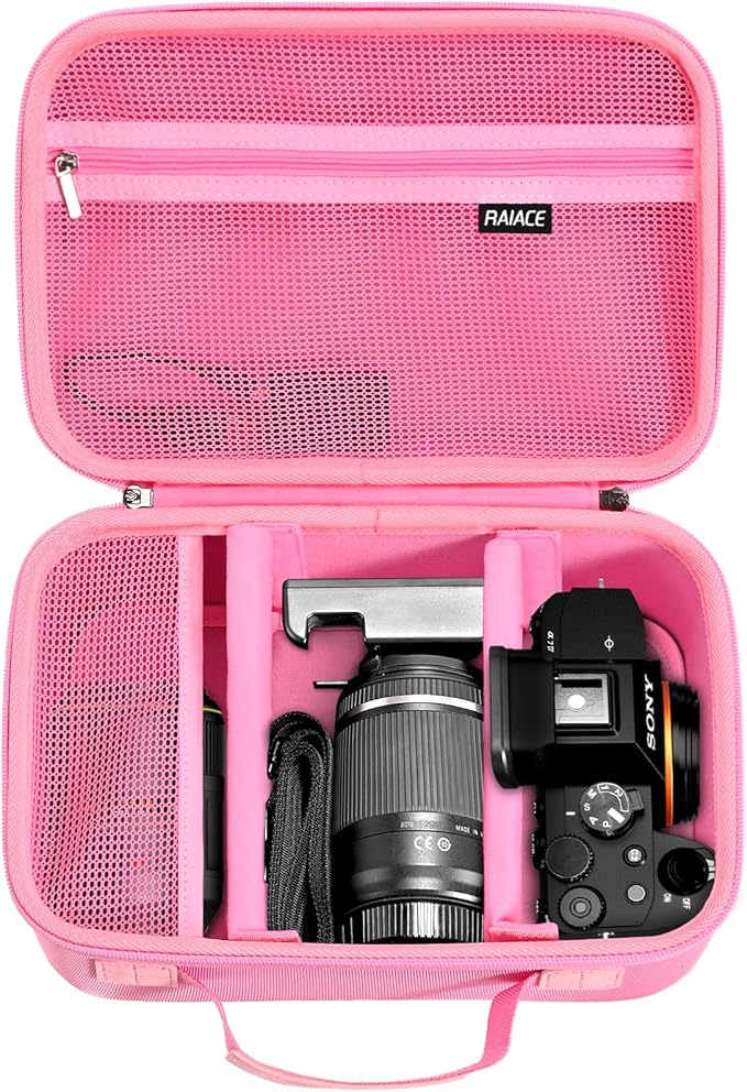 RAIACE Hard Case Compatible with Sony Alpha 7 II III IV/7R V Camera, for Nikon, for Canon, for Pentax and More. Large Capacity With Mesh Pocket for Lens, Charger, Cables, Cards and Accessories.-Pink