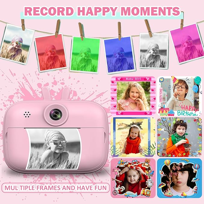 Instant Print Camera for Kids, Toddler Cameras Christmas Birthday Gifts for Boys Age 3-12, 1080P HD Digital Video Cameras for Toddler,Kids Portable Toy with 3 Rolls Photo Paper 32GB SD Card (Pink)