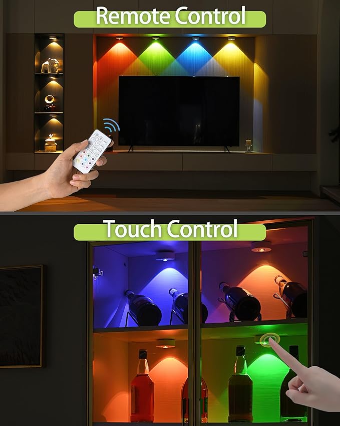 RGB Under Cabinet Lights with Timer Function, Rechargeable Puck Lights with Remote Control, Dimmable Magnetic Stick On Light, LED Touch Tap Light for Closet Shelf Book Shelf Shelves, 3pcs