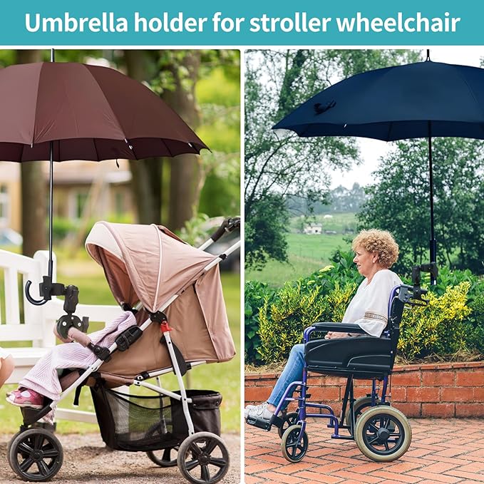 Double Clamp Mount Umbrella Chair Clamp with 360° Magic Arm, Umbrella Holder Clip for Chair Wheelchair Stroller Light Stand, Photography Reflector, Motorcycle, Live Scope Pole, Photo Boom Stand