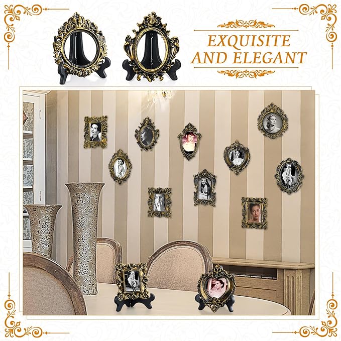Tatuo 20 Sets Mini Picture Frames and Display Stands Vintage Resin Picture Frame Resin Holder for Home Office Bedroom Living Room Wedding Decor (Black and Gold)