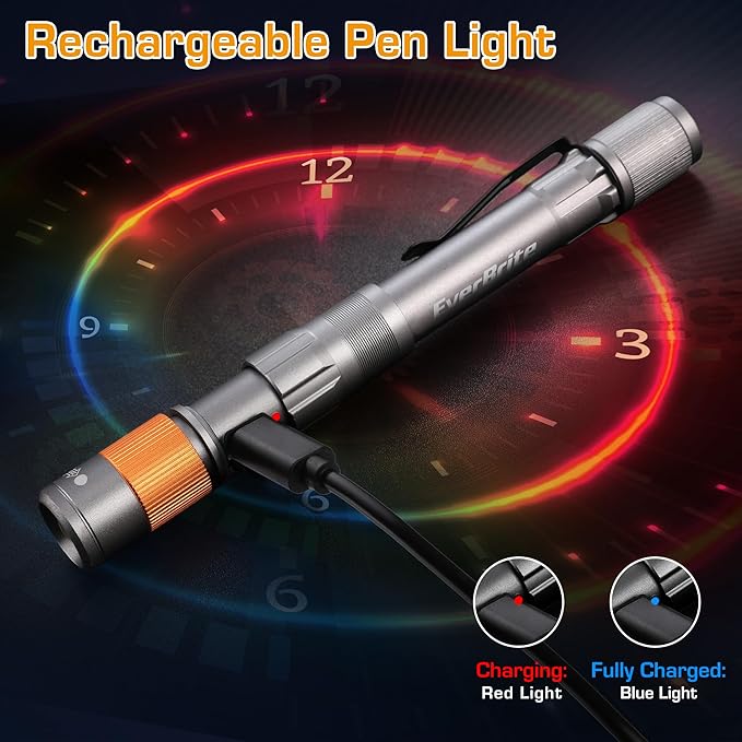 EverBrite Rechargeable Pen Light, 300 Lumens EDC Flashlight, Zoomable LED Pocket Flashlight with Clip, Memory Function and USB C Cable Included, for Camping, Emergency, Gray