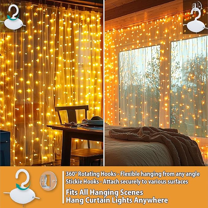 HXWEIYE 300LED Fairy Curtain Lights, 9.8x9.8Ft USB Plug-in 8 Modes Christmas String Hanging Lights with Remote for Bedroom Backdrop Wedding Indoor Wall Decor, Warm White, Standard – 2 Pack