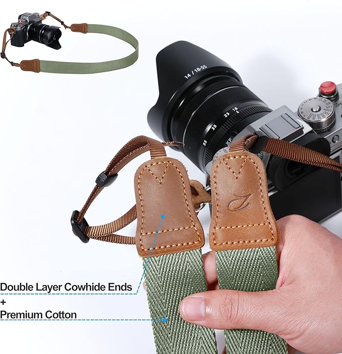Padwa Lifestyle Light Green Camera Strap - 1.5" Wide Vintage Crazy Horse Cowhide Head Cotton Straps,Adjustable Woven Neck Shoulder Camera Straps for All DSLR Cameras and Photographers Christmas gift